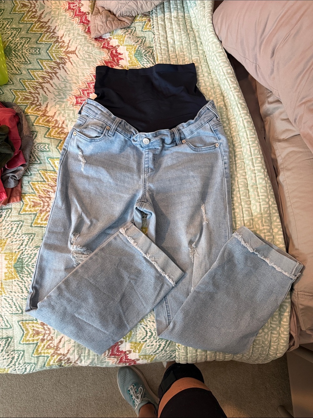 Light Blue Boyfriend Maternity Jeans with Black Panel